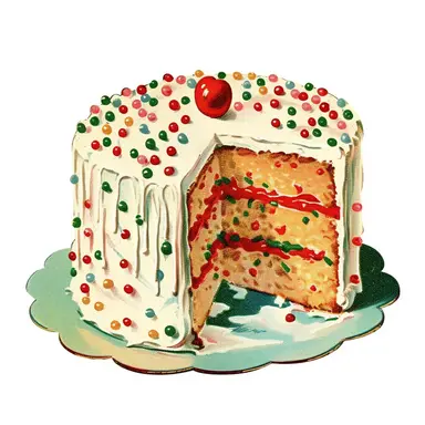vintage Christmas cake clipart, with frosting, sprinkles, candy, m’n’ms, 1940s , chromolithograph, on a white background