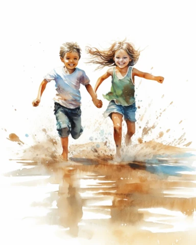 watercolor clipart kids playing on the beach , hyper realistic, 8k, isolated on white background