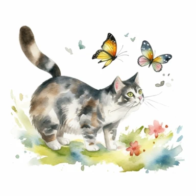 Lovely watercolor clipart of a playful cat chasing a butterfly, capturing the joy and happiness of pets, with delicate colors and intricate details, perfect for a wall art print, whimsical and charming, high-quality illustration, hand-painted with love, elegant and sophisticated.