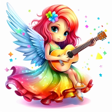 a beautiful fairy, rock star with guitar, rainbow colors, cartoon, big wings, clipart, white background