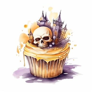 delicious halloween cupcake with graveyard , watercolour illustration clipart, extremely detailed, 4k, high quality, colour scheme gold, silver and cream, , isolated on white background - Image #1 <@1098423716465102849>