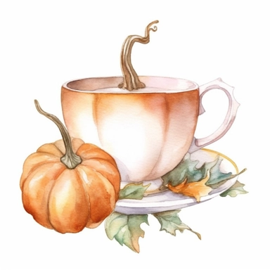 Watercolor Pumpkin Tea Clipart, autumn and fall holiday tea cup, cartoon, super cute, watercolor, on white background