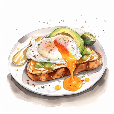 watercolor, hyper realistic, white background, white margins, 16k, ultra detailed clipart, cut out image, hand-drawn illustration style for picture books A plate of avocado toast with a poached egg and a drizzle of sriracha, warm orange-brown color theme