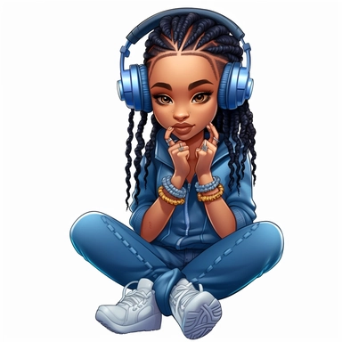 hip hop girl, connected her phone to headphones, high heels, blue jeans, Coiled Bun, clipart, transparent, wearing jewelry, clip art, as a Inspired Chibi and Kawaii Style