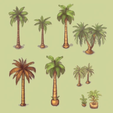simple palm trees, video game assets, isometric, top down, isolated figures, hand drawn, level art, atmospheric effects, spatial concept art, muralist, clipart, ps1 graphics, deconstructed objects, 2d, plain background