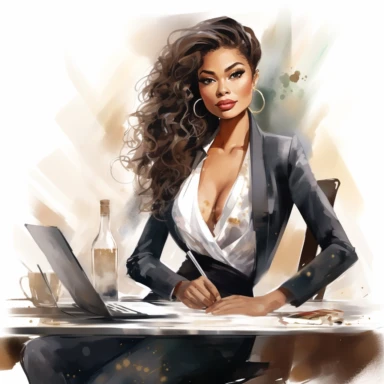 stylish, fashionable black, african american woman in business attire sitting at her desk in a luxurious office clipart, watercolor style, hyper realistic, detailed, white background