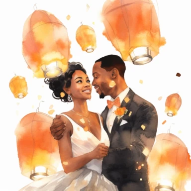 closeup photo of wedding couple in watercolor, Ebony-skinned couple releasing floating lanterns, lighting up the night sky, watercolor, Pixar style, Clipart on a white background