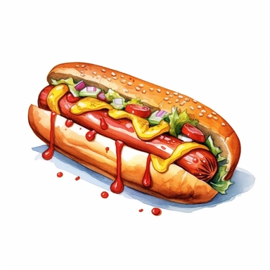 a captivating watercolor, hyper-realistic clipart image with a white background and white margins, portraying a hot dog with all the classic toppings--mustard, ketchup, onions, and relish. The ultra-detailed, hand-drawn elements capture the textures and colors of the hot dog and toppings. Use bold shades of yellow, red, and brown to create a visually enticing image that captures the nostalgia and simplicity of this fast food staple