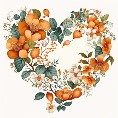 orange Floral Hearts Clipart, flower heart Valentine illustrations,white background