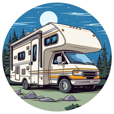 clipart of an RV at a campsite, white clean edged circular background, clean lines and edges