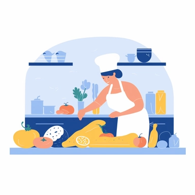 vector design, cook in the kitchen preparing vegetables, flat modern illustration, clipart, very simple picture, white background, soft gradient transition, in the style of warm color palette, natural pastel colors, in blue white and yellow colors, object portraiture specialist, uniformly staged images, animated illustrations
