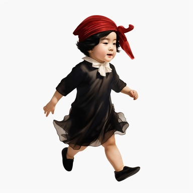 Singer Yoko Ono as a 2 year old toddler, wearing a classic black satin chanel dress, red shoes, red velvet bowler hat, gold silk scarf, dancing, irradiant facial expression, plain white background, clipart