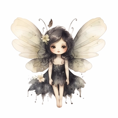 little black chubby watercolor fairy with beautiful wings on their back, pointy ears and soft colors very high detail on dress clipart