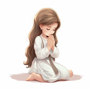 little girl with long light brown hair, from the side, first holy communion, girl kneeling with holy beads in hand and hands in a praying gesture clipart vector white background