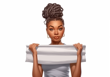 Cartoon Clipart of beautiful African American girl with braided hair, girl holding a blank board on white background, Norman Rockwell style is 20 years old holding white sheet poster, in the style of street style realism, uhd image, illustrated advertisements, eye-catching composition, photorealistic detail, light silver and brown, matte photo