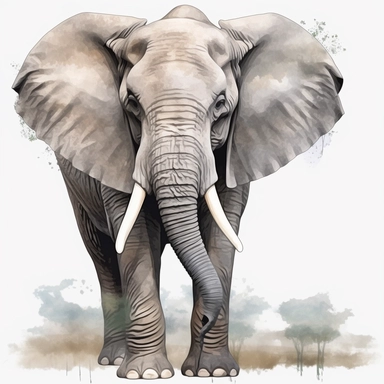 a calf grey African elephant, stood sideways to the camera looking right, shooting water from its trunk, watercolour painting transparent background png clipart - <@1074466201847210054> (Waiting to start)