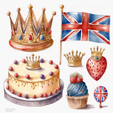 british cakes, union jack theme, large shinny gold king crown, buntings, birthday red blue gold balloons symbolic objects icons detailed pencil watercolor illustration clipart pure white background #FFFFF