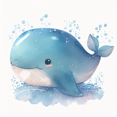 whale, very cute, cartoon, kawaii, watercolor, vector, clipart, 8k