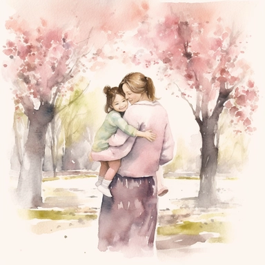 mother and 3 years old daughter hug each other smiling in the spring park clipart,wearing dusty rose dress, joyful expression, dynamic pose, front view, in the style of watercolor cartoon clipart, BEATRIX POTTER style, high resolution,composition free space, pastel color scheme, soft and tender, appreciative,warm,nostalgic,sentimental,watercolour clipart, watercolor illlustration for kids and children,isolated white background, clipart most popular on etsy, book illustration, featured on dribble