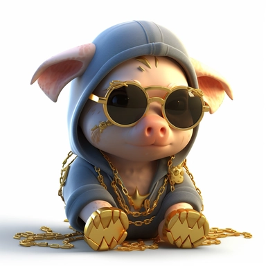 ticker, clipart, anime, cartoon, ghibli, cute pig cub with sun glasses and headphones, dressed with jeans and hoodie, golden chains, computer, headphones, 3D, disney pixar style, puppy eyes, looking at athe camera, white background ,high definition, high resolution, highly detailed, 16K