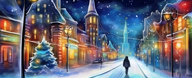 Watercolor drawing, christmas lights, large snowman, the city at night, the lights on, bright colors, ultradetailed hd, style by Lucy Fleming, watercolor, smooth gradients, black contour outline, ultra detailed, clipart elements, delicate pastel colors, solid white background, super clear, high quality