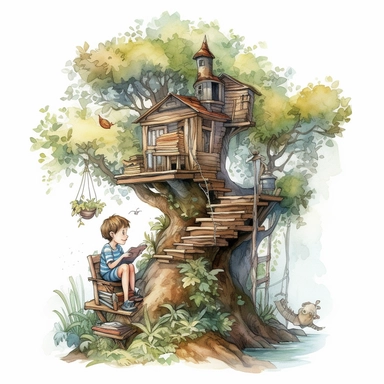 watercolor, hyper realistic, white background, white margins, 16k, ultra detailed clipart, cut out image, hand-drawn, whimsical A child sitting in a treehouse reading a book, surrounded by nature and a peaceful view of the garden below.