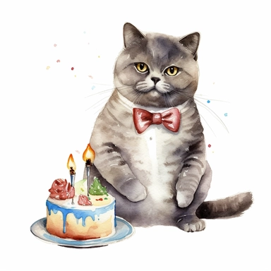 Clipart, watercolor, white background: A birthday British cat sitting proudly, donning a party collar with a bow tie and holding a small birthday cake with its paw.