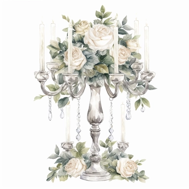 Hand drawn tall 3 tiered crystal candelabra wedding centerpiece, white roses and white flowers with greenery, sparkly crystals, glamorous, very detailed and realistic, watercolor, clipart style, white background with margins
