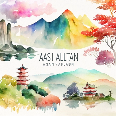 watercolor clipart colourful Asia landscapes, digital illustration, 8k, hd 1:3 v5