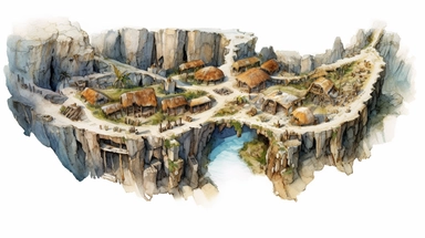 isolated images, illustrations on a white background, realistic top down overhead view caveman village map, Clipart, watercolor, realistic, isolated, full building, highly detailed, hdr, 32K, photo expert quality, watercolor realistic, hyperrealistic and highly detailed, isolated on a white background