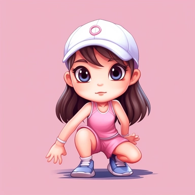cute white chibi girl working out wearing a pink cap, clipart, childrens book character, must have correct number of fingers and toes
