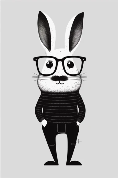 minimalistic pixar style clipart, minimalistic nordic style clipart, anthro hipster rabbit with mustache, minimalistic black and white color palette,
