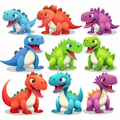 Create a set of 2D dinosaur clipart images featuring suitable for children's educational and entertainment materials. The images should be in a fun, cartoon style that is easy for children to understand and appreciate, with bright and playful colors that are appealing to kids. Please ensure that each species is easily distinguishable and recognizable. The background of the image should be white, no shadow, landscape, trees, flowers, leaves, plants, or text in the image