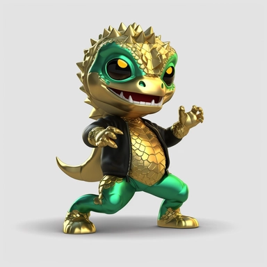 baby Godzilla, looks like Michael Jackson, doing dance steps, wearing a miami heat basketball jersey, wearing a gold pendant with a gold bitcoin on it, wearing hip hop style black satin pants and a green iridescent silk shirt, techno lighting, clipart on plain background