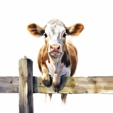 realistic watercolor baby cow climbing the white fences standing with its 2 feet smiling on solid white background, clipart