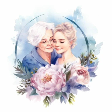 cute watercolor clipart with pale skinned older mom and adult daughter hugging echother in circle, beautiful, hight quality, pastel colors, white background, decorated with blue peonies