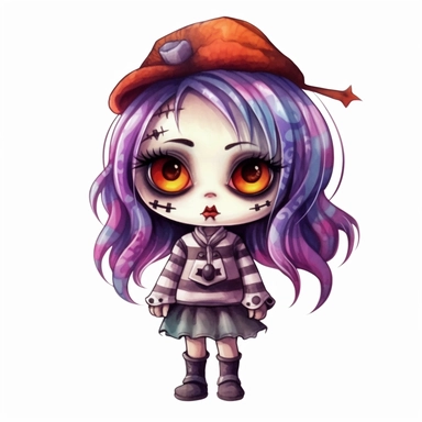 cute Monster High Chibi style girl, Halloween style, white background,clipart watercolor illustration, single object, high definition, white background for removing background