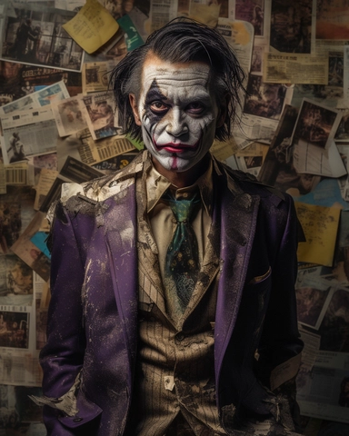 A portrait of the Joker with gold makeup and black hair, in the style of dadaist photomontage, octane render, kintsugi, devilcore, raw character, dark silver and gold, sony alpha a7 iii. Wearing a gold suit with black accents, a purple shirt, and a green