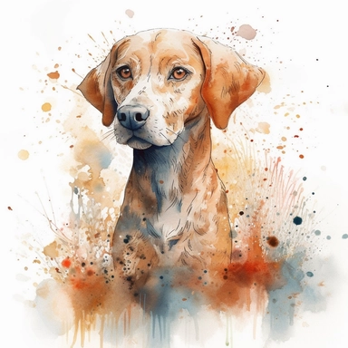 A captivating and whimsical watercolour dog clipart, hand-painted with exceptional skill and a keen eye for detail, capturing the essence of the beloved canine companion. This enchanting image features a playful and expressive dog, rendered in a charming, organic style, showcasing the artist's ability to create fluid shapes and forms. The translucent watercolour pigments are masterfully layered, allowing for the subtle build-up of colors and shading that give the dog a lifelike, three-dimensiona