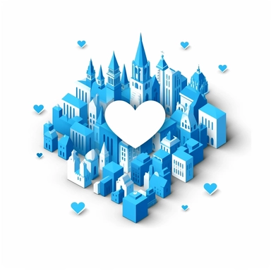 3d diagram of blue love heart surround by symetrically organized churches, flat vector clipart with white background