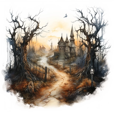detailed isolated illustration of a fantasy haunted path, eerie vibe, watercolor illustration, high resolution clipart, isolated on white background
