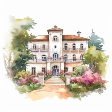 Watercolor drawing beautiful rich italian villa, wedding venue in flowers, very detailded,watercolor clipart, white background, isolated on white, 8k, watercolor style