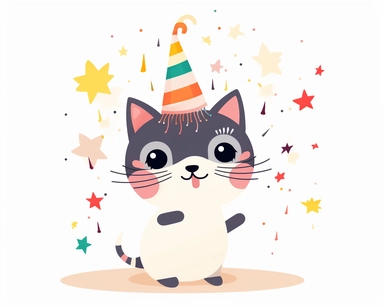 Birthday cat, single cat, cute, party, clipart, kawaii, kitten, Japanese, exited, white background