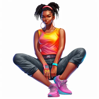 beautiful black teenage girl with beautiful pinned up hairstyle, dressed in bright colored fitness attire. Full perspective and, long shot A young black woman with full lips and a big beautiful smile, dressed in a jogger, has pinned up hairstyle and beautiful shapely legs, wearing sneakers, clipart in the style of digital airbrushing, feminine sticker art, dollcore, realistic face, realistic body, glamorous,