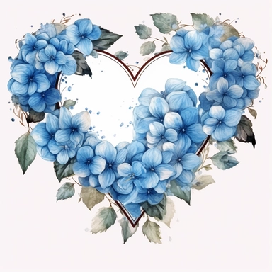 one watercolor heart shaped flower frame beautiful hydrangea clipart on a white background, in the style of dark blue and light blue, elaborate borders, hyper-realistic water, handcrafted designs, water and land fusion, dark sky-blue and light beige, water drops, no watermark, text, 300 DPI , typography, shapes do not stick together, no text in the picture, on a white background