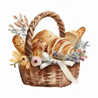 basket of artisan bakery bread, watercolor, cute, white background, clipart