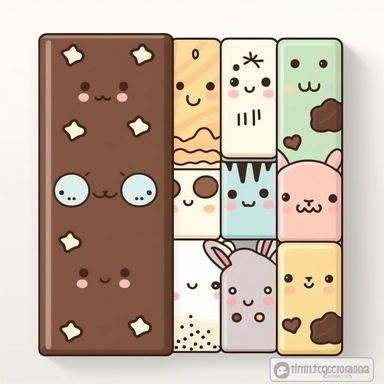 clipart of a kawaii chocolate bar with animal faces and fun designs, pastel colors, thick outline, thick lines, isolated on white background, Yoshitomo Nara