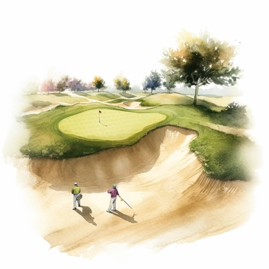 Idyllic watercolor clipart of a golf course sand trap scene with 2 golfers in Springtime, isolated on a pure white background, insane detail,