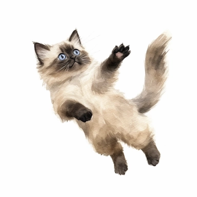hand painted watercolor clipart, cream black colored birman kitten jumping in the air and leaping forward wants to grab something, profile view, excited expression on face, childlike innocence and excitement, full body visible, hairs are visible, visible tail, I can't believe how cute, professional watercolor drawing, watercolor paper texture on drawing, isolated on white background