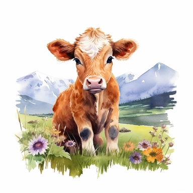 realistic watercolor baby cow sitting on the green grass with flowers with a nice mountain hill background on solid white background, clipart